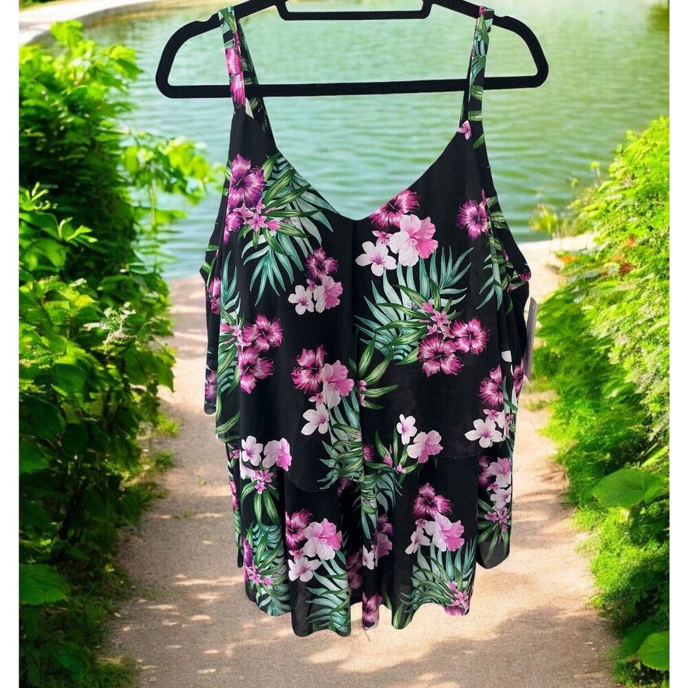 NWT Swimsuits For All Womens Black Swim Top Size 28 floral flowy layers Hawaiian